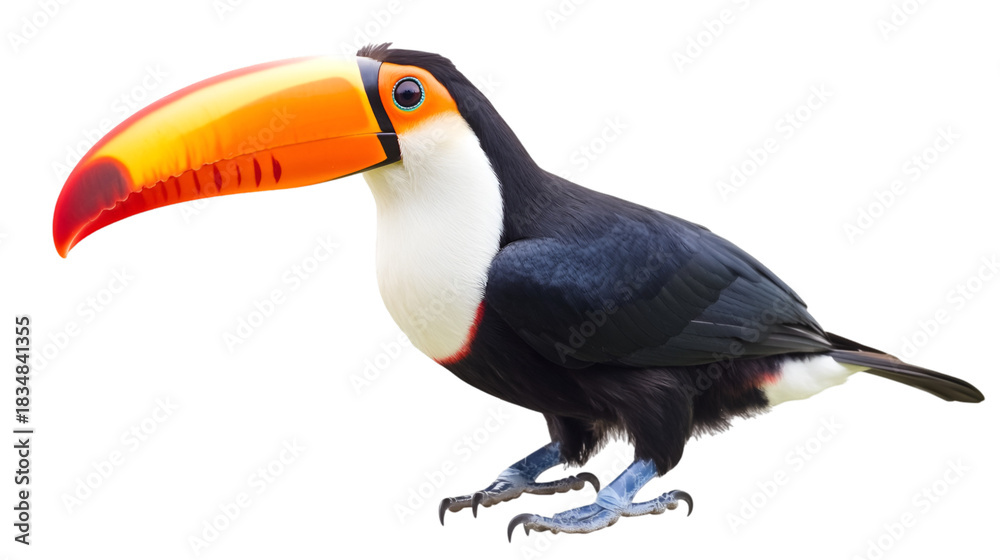 Fototapeta premium A full body shot of a toucan with a large orange beak standing against a black background