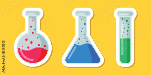 Science lab bottle sticker icon set in flat style. Laboratory glassware equipment vector illustration on isolated background. Test tube sign business concept.