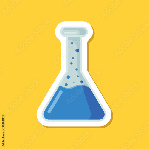 Science lab bottle sticker icon in flat style. Laboratory glassware equipment vector illustration on isolated background. Test tube sign business concept.