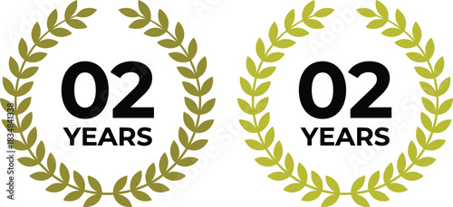 Two Years Anniversary Laurel Wreath Badge, Achievement Celebration Icon, 02 Years Logo Design in Black and Olive Green, Business Milestones and Award Recognition, Flat Vector Illustration,