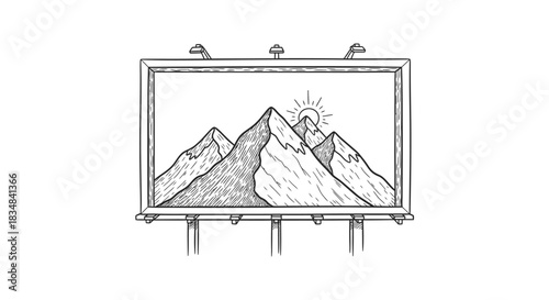 A hand-drawn, black and white illustration depicts a large outdoor billboard displaying a beautiful mountain range landscape with a rising sun.