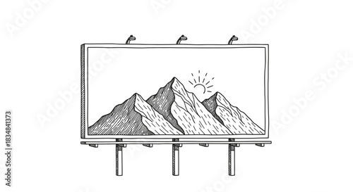 A beautifully hand-drawn illustration depicts a majestic mountain range under a rising sun, prominently displayed on a large outdoor billboard sign.