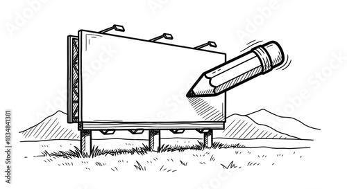 A dynamic hand-drawn illustration depicts a giant pencil actively writing on a blank outdoor billboard, symbolizing creative advertising, new ideas, and impactful content creation.