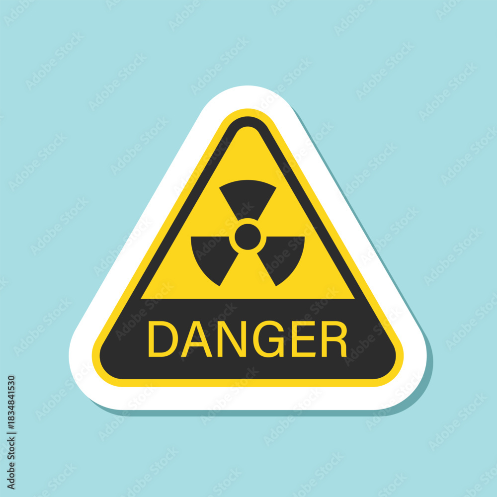 Obraz premium Radioactive material warning sticker icon in flat style. Radiation danger vector illustration on isolated background. Caution sign business concept.