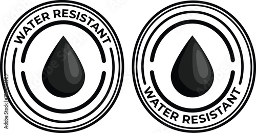 Water Resistant Black and White Outline Circular Label, Drop Symbol for Product Packaging, Technology, and Waterproof Fabric Certification, Protection and Durability Signage, Flat Vector Illustration,