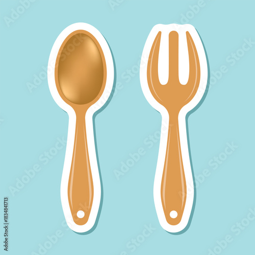 Spoon and fork sticker icon in flat style. Teaspoon vector illustration on isolated background. Tablespoon sign business concept.