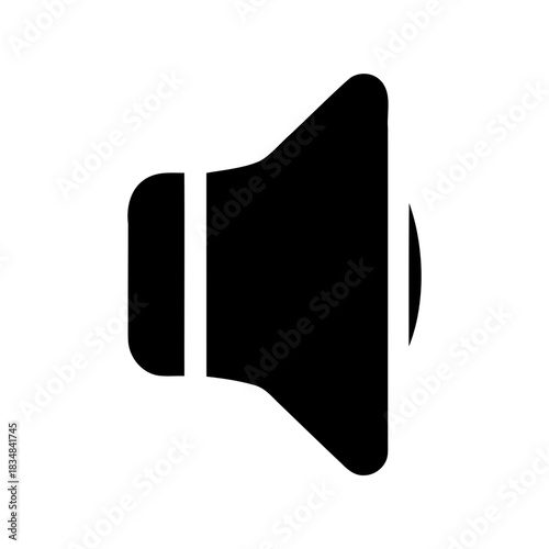 A bold black speaker icon against a pristine white background image