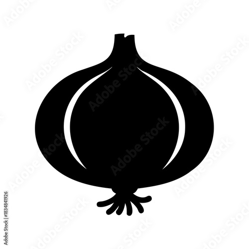 A simple black vector illustration of a bulb onion with roots