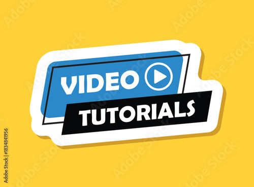 Play video tutorials sticker icon in flat style. Education software vector illustration on isolated background. Webinar training sign business concept.