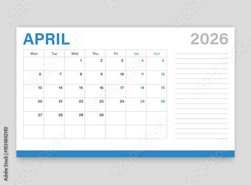 Calendar april 2026 icon in flat style. Planner vector illustration on isolated background. Calender sign business concept.