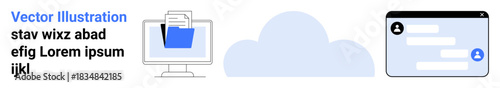 Data sharing, cloud storage, online communication, digital organization, workplace collaboration, file management. A computer with a folder icon and chat interface near a cloud icon. Data sharing