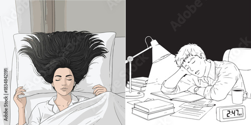 Illustrative Contrast of Relaxed Sleep and Overwork Tiredness in Monochrome and Color