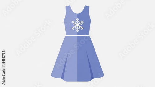 A simple flat design illustration of a sleeveless blue dress with a white snowflake emblem on the chest and a white belt accentuating the waist