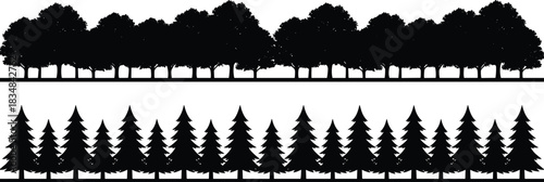“Silhouette border set of deciduous trees and pine trees designed for nature landscapes, forest scenes, outdoor backgrounds, and vector illustrations.”