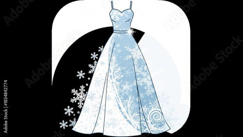 A beautiful light blue ball gown adorned with intricate white snowflake patterns and sparkling accents perfect for a winter wonderland event or fantasy theme