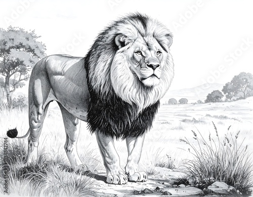 A majestic male feline, rendered in monochrome. It stands proudly, gazing outwards, amidst a grassy savanna scene, with distant trees