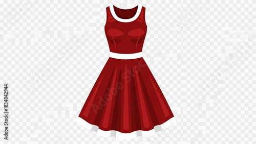 A sleeveless knee length flared red dress with a white trim at the neckline waist and hem presented as a vector illustration on a transparent background