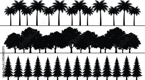 “Set of palm, deciduous, and pine tree silhouette borders designed for landscape scenes, nature backgrounds, forest illustrations, and outdoor vector design.”