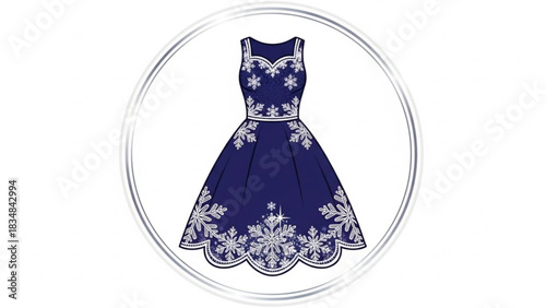 Elegant navy blue sleeveless dress with intricate white snowflake embroidery and a scalloped hem presented within a decorative silver circle on a white background
