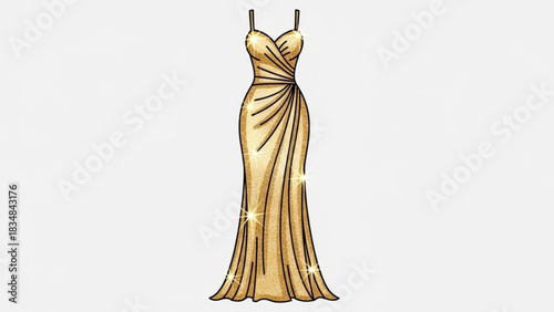 Elegant shimmering golden evening gown with spaghetti straps and draped detailing perfect for formal events and celebrations