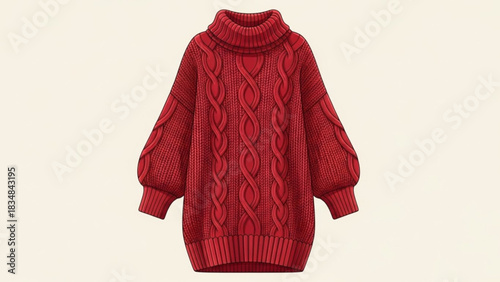 A vibrant red chunky knit turtleneck sweater with intricate cable knit detailing and voluminous balloon sleeves presented against a soft cream background