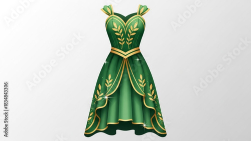 Elegant emerald green ball gown adorned with intricate gold leaf embroidery and sparkling accents perfect for formal occasions and fantasy themes
