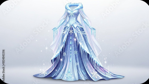 Enchanting fantasy ice queen gown adorned with sparkling snowflakes icicles and shimmering frosty details creating a magical winter wonderland aesthetic
