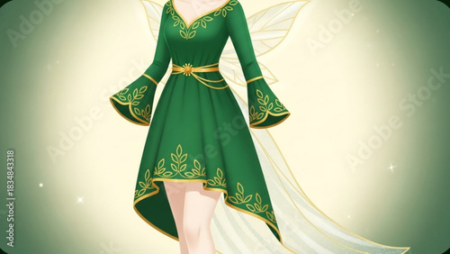 Elegant green fairy dress with gold leaf embroidery and flowing sheer wings evoking nature magic and fantasy realms