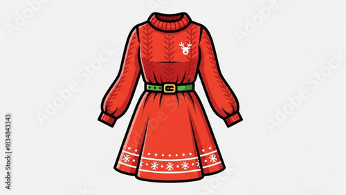 A festive red knitted christmas sweater dress with puffed sleeves a green belt and white snowflake and reindeer embellishments perfect for holiday celebrations
