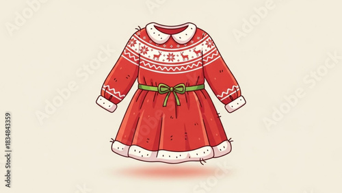 A charming cartoon illustration of a festive red christmas dress with a white snowflake and reindeer pattern on the yoke and cuffs cinched with a green ribbon bow
