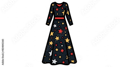 A long sleeved black maxi dress adorned with a scattered pattern of red yellow and white stars and a red waistband against a plain white background