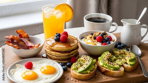 Breakfast spread with various food items
