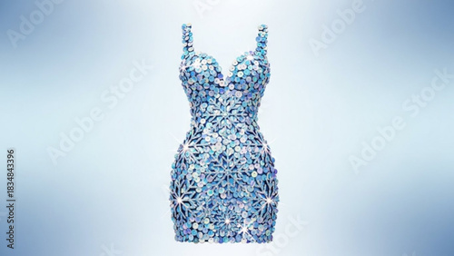 A dazzling form fitting short dress adorned with iridescent blue and silver sequins and snowflake patterns presented against a soft gradient blue background