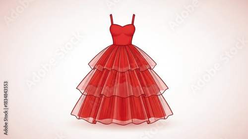 A beautiful red layered tulle ball gown with a sweetheart neckline and spaghetti straps perfect for formal events and celebrations isolated on a soft pink gradient background