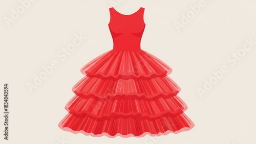 A vibrant red sleeveless dress with a fitted bodice and a voluminous tiered ruffled skirt presented against a soft neutral background evoking elegance and festivity