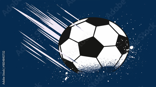 Abstract 3d illustration of a classic black and white soccer ball, a round isolated object for sport competition, on a vibrant blue background