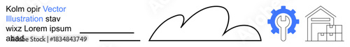 Cloud computing, data storage, logistics, warehouse management, system maintenance, technology concepts. Minimalistic cloud, gear and warehouse icons. Cloud computing and data storage concepts