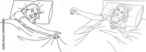 Minimalist Black and White Line Art of Women in Bed Waking Up