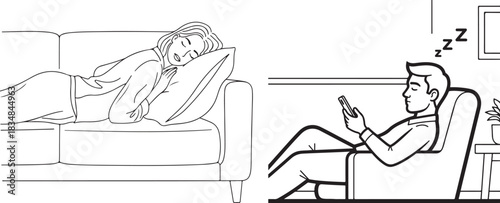 Monochrome Line Art Illustration of People Relaxing and Sleeping at Home