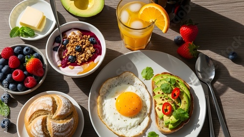 Breakfast spread with various food items
