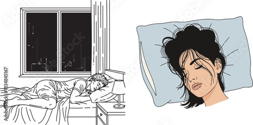 Illustration of People Sleeping and Resting in Bed at Night