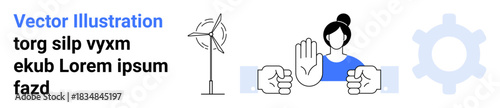 Renewable energy, conflict resolution, teamwork, clean energy, collaboration, problem-solving. A wind turbine, a woman mediating hands holding. Renewable energy and conflict resolution concept