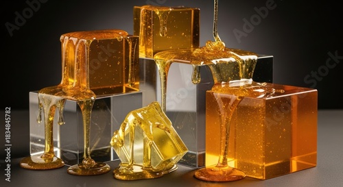 3D render of glassy cubes with floating golden liquid isolated on solid background