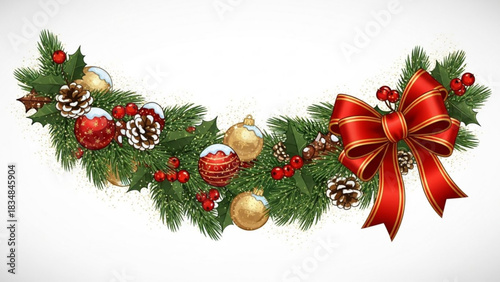 Festive christmas garland featuring evergreen branches holly leaves red and gold ornaments pine cones and a large red bow with gold trim perfect for holiday decorations