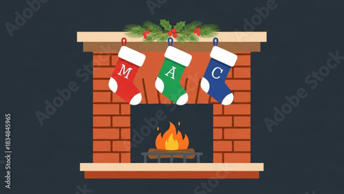 Cozy christmas fireplace with burning logs and festive stockings hanging on the mantelpiece adorned with holly and pine branches