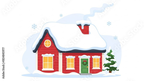 Charming red cottage nestled in a winter wonderland with snow falling and smoke gently rising from the chimney