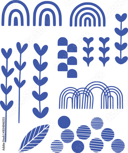 Abstract Blue and White Graphic Elements: Rainbows, Leaves, and Circles
