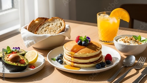 Breakfast spread with pancakes orange juice and fruits