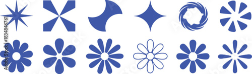 Collection of Blue Abstract Geometric Shapes and Flower-like Icons