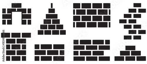 Brick Wall Icons – Construction, Architecture, and Masonry Pattern Symbols in Black Design
